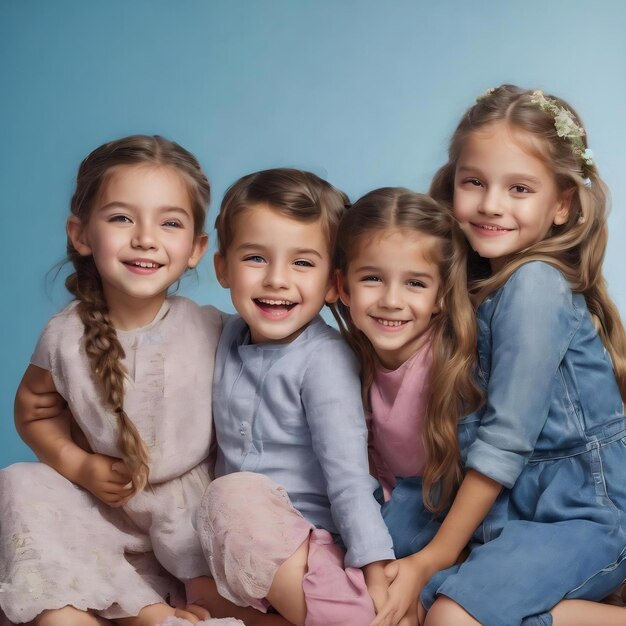 Des enfants heureux isolés sur le fond bleu du studio ont l'air heureux, joyeux, sincère.