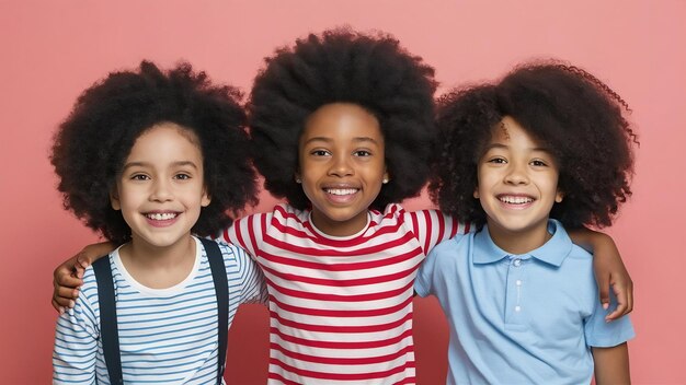 Photo des enfants heureux isolés sur un fond de studio rose corallien ont l'air heureux, joyeux, sincère, enfant copyspace.