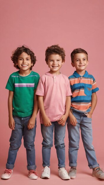 Des enfants heureux isolés sur un fond de studio rose corallien ont l'air heureux, joyeux, sincère.