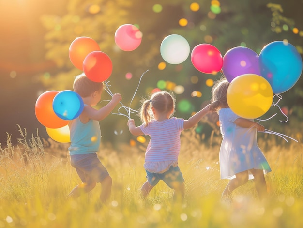 Photo des enfants heureux jouant avec des ballons sur le pré en été.