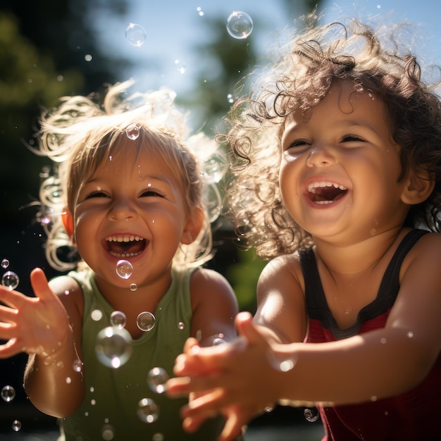 Des enfants heureux jouant avec des bulles d'eau