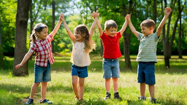 Des enfants heureux jouant ensemble à l'extérieur, dansant sur l'herbe, appréciant les activités en plein air et