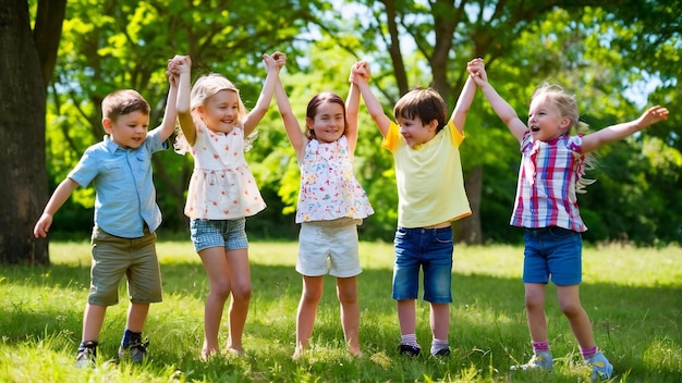 Des enfants heureux jouant ensemble à l'extérieur, dansant sur l'herbe, appréciant les activités en plein air et