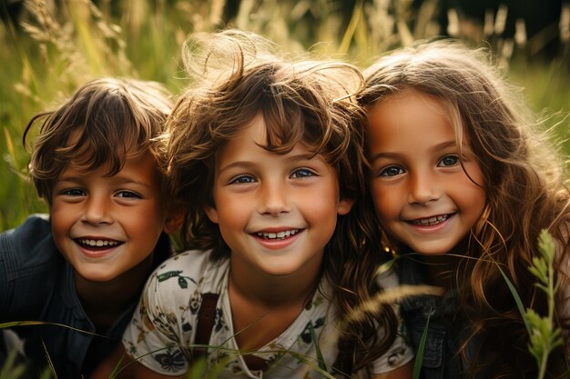 Des enfants heureux jouant sur l'herbe verte dans le parc de printemps