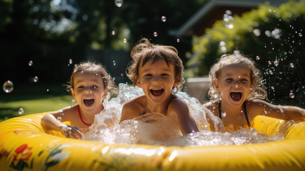 Photo des enfants heureux jouant à la natation une piscine gonflable pendant les vacances d'été