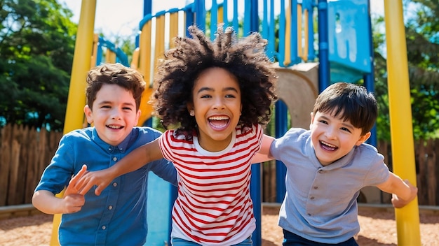 Des enfants heureux jouant et riant sur le terrain de jeu.