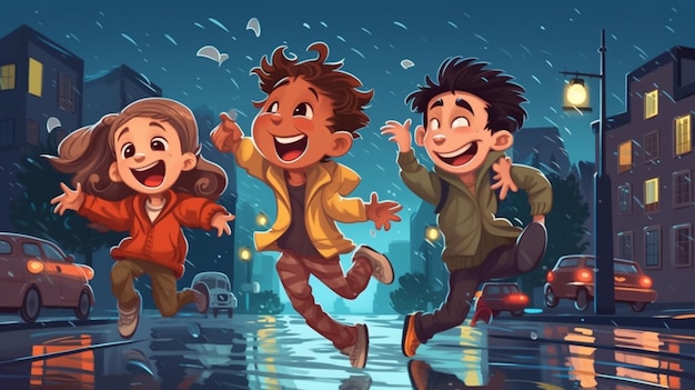 Enfants heureux jouant sous la pluie