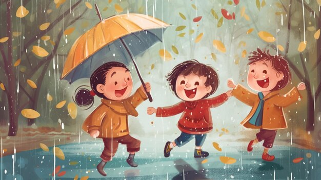 Enfants heureux jouant sous la pluie