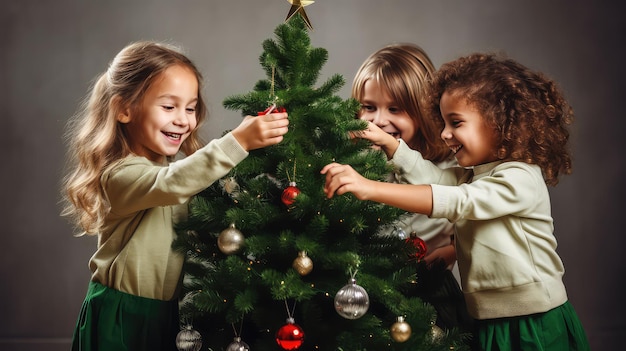 Enfants heureux mignons décorant l'arbre de Noël à la maison