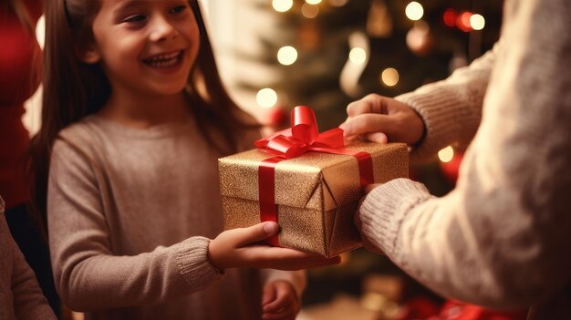 Des enfants heureux et des parents satisfaits ouvrent des cadeaux de Noël.