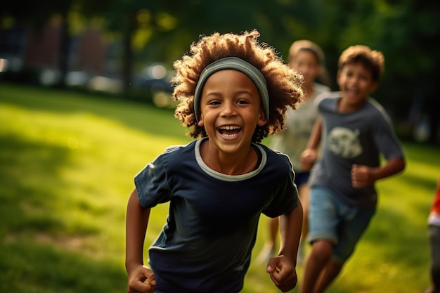 Des enfants heureux qui courent pendant l'été en plein air
