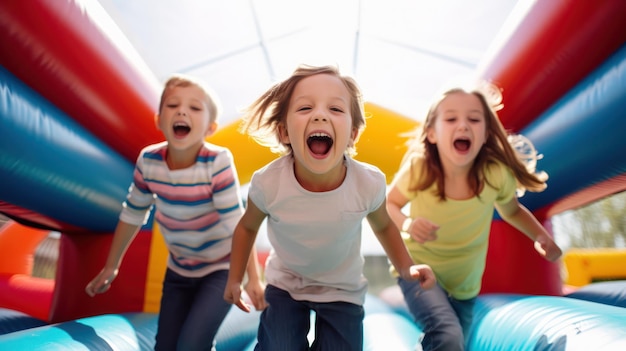 Des enfants heureux qui s'amusent sur le terrain de jeu à la maternelle.