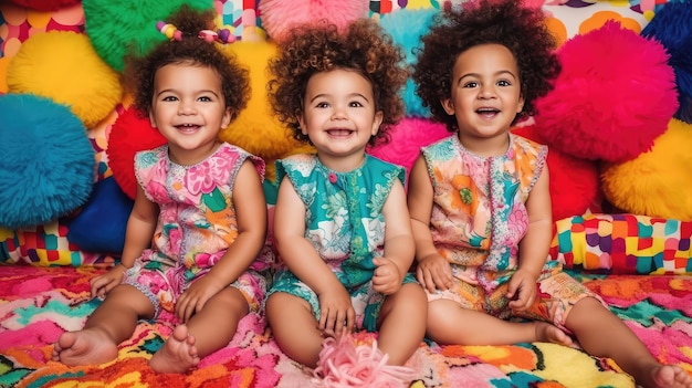 Des enfants heureux riant ensemble dans des vêtements colorés.