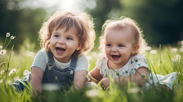 Photo des enfants heureux rient assis dans un champ de fleurs créé avec la technologie generative ai