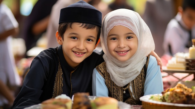 Des enfants heureux en robe islamique