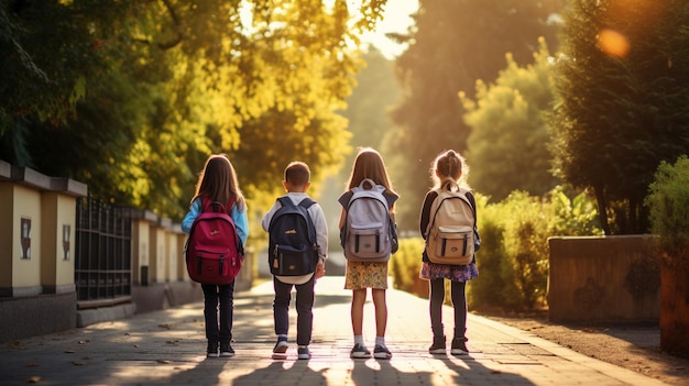 enfants heureux avec sac à dos à l'école