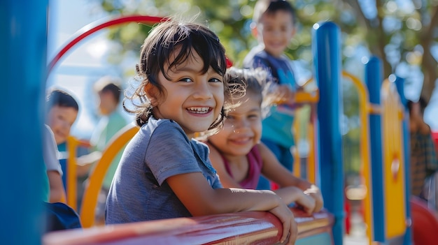 Des enfants heureux sourient aux équipements de terrain de jeu