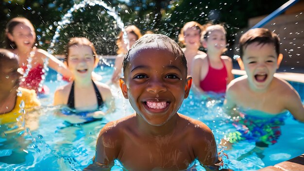 Photo des enfants heureux en train de nager dans la piscine par une journée ensoleillée journée mondiale du rire