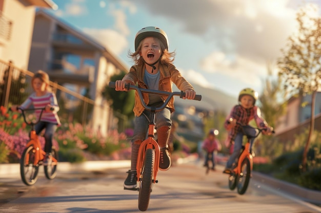 Des enfants heureux à vélo et à scooter autour du