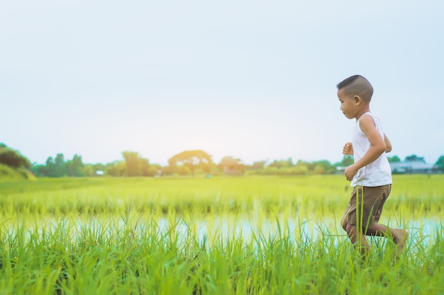 Enfants heureux, vêtu d&#39;une chemise blanche, jouant dans le champ de la ferme verte en été.