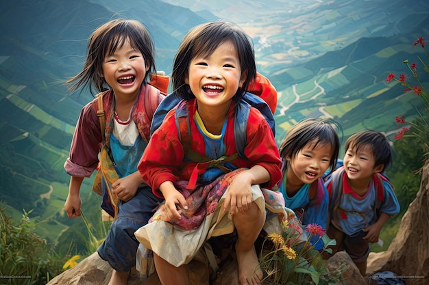 Enfants Hmong vietnamiens heureux fond d'escalier vietnamien
