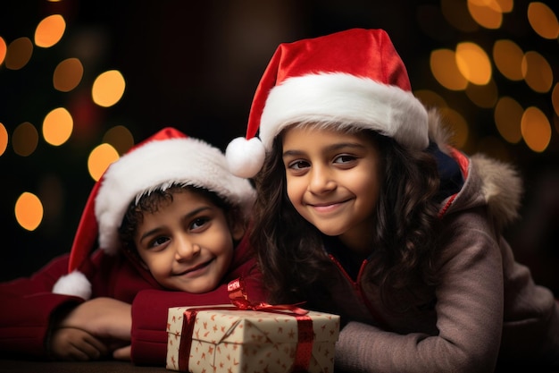 Des enfants indiens mignons célèbrent Noël avec des cadeaux et un bonnet de Noel