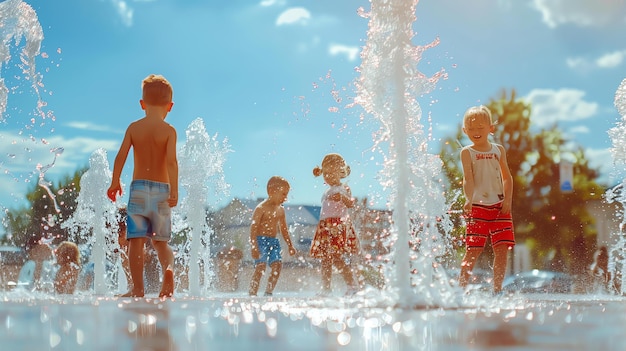 Des enfants insouciants jouent dans une fontaine de la ville par une chaude journée d'été.