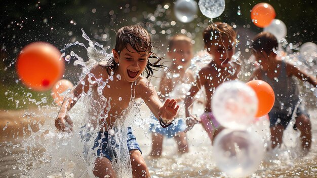 Photo des enfants insouciants s'amusent à jouer avec des ballons d'eau par une chaude journée d'été.