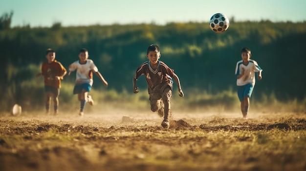 Des enfants jouant au football sur le terrain au coucher du soleil