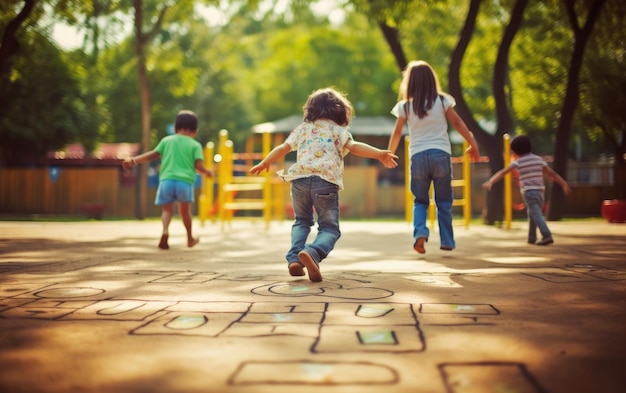 Des enfants jouant au hopscotch sur le terrain de jeu naturel