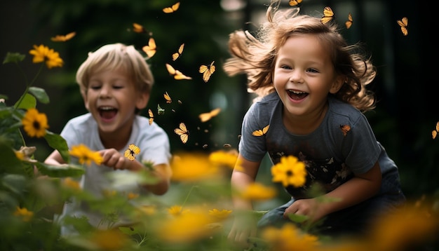 Des enfants jouant et chassant des papillons dans un jardin.