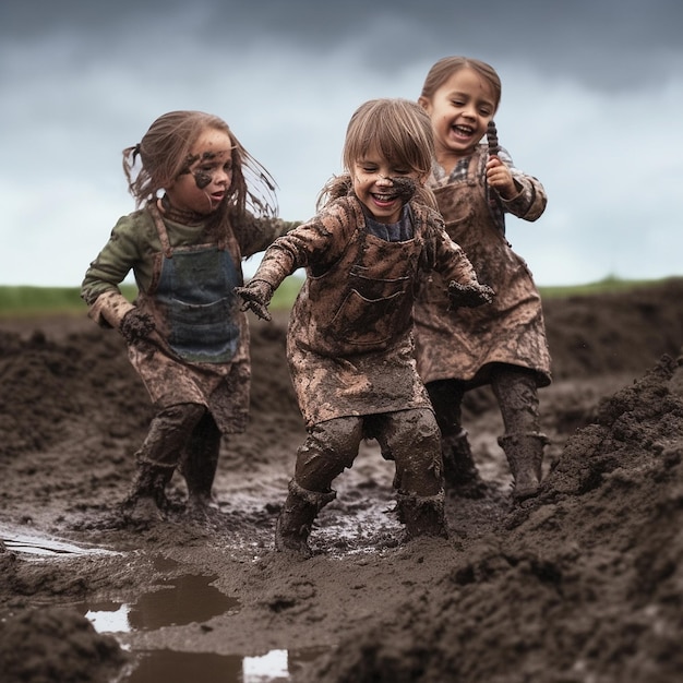 Enfants jouant dans la boue de l'eau Generative AI