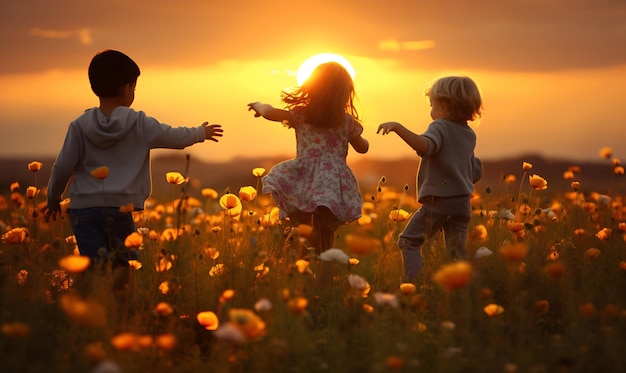 enfants jouant dans un champ de fleurs avec conception générative d'IA au coucher du soleil