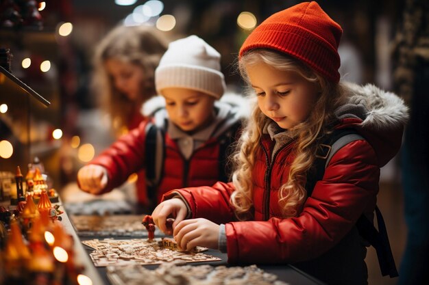 Des enfants jouant dans un magasin de jouets à Noël.