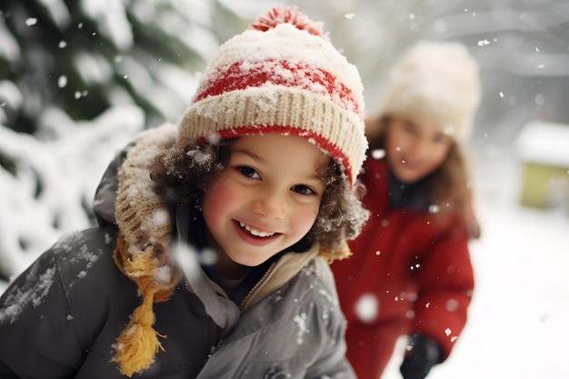 Des enfants jouant dans la neige avec des chapeaux et des foulards de Noël.