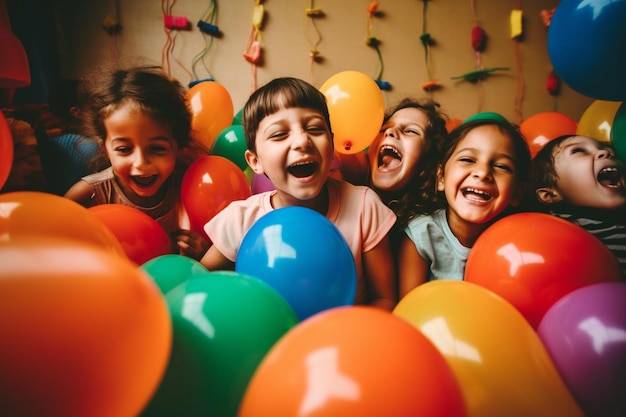 Enfants jouant dans une pièce avec des ballons