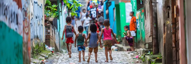 Des enfants jouant dans les rues étroites des favelas.