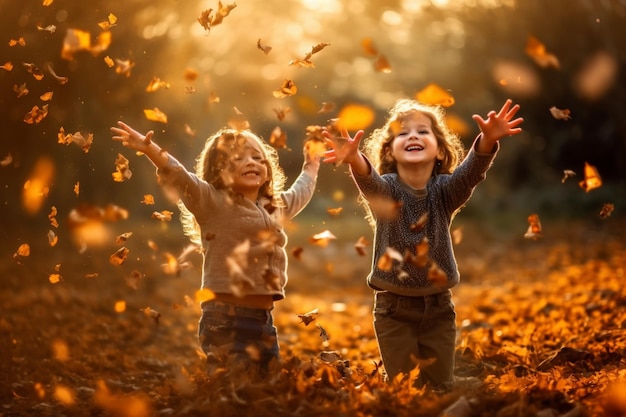Enfants jouant dans un tas de feuilles d'automne les jetant en l'air Journée des enfants