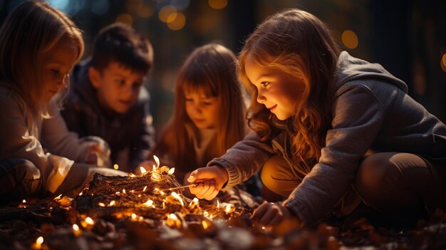 Des enfants jouant avec un feu dans la forêt d'automne.