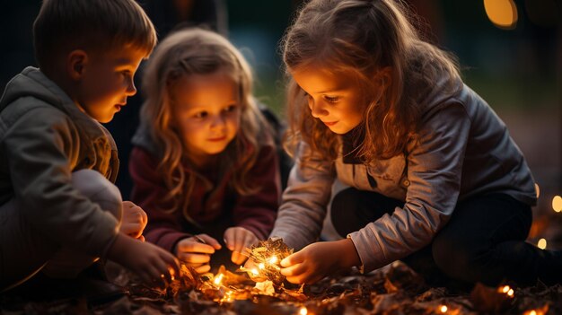 Des enfants jouant avec un feu dans la forêt d'automne.