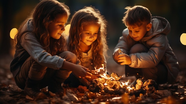 Des enfants jouant avec un feu dans la forêt d'automne.