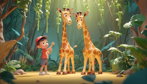 enfants jouant à la girafe belle jungle dessin animé 3d style de conception enfants garçons filles