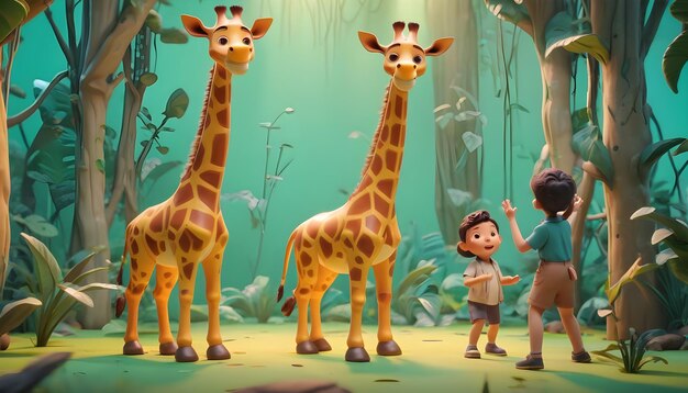 enfants jouant à la girafe belle jungle dessin animé 3d style de conception enfants garçons filles