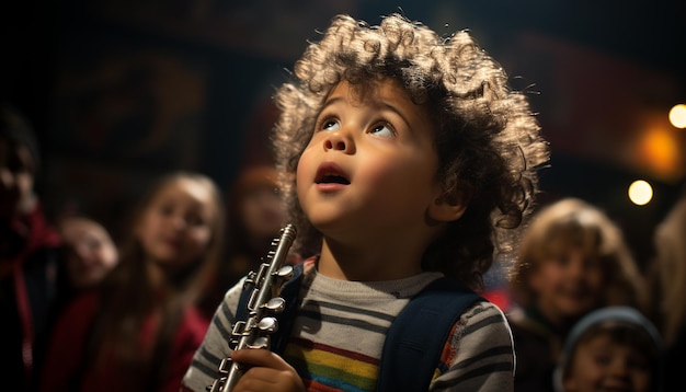 Enfants jouant de la musique souriant créant du bonheur et s'amusant générés par l'intelligence artificielle