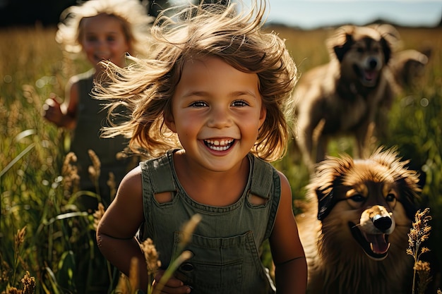 Les enfants jouent avec des animaux par une journée ensoleillée IA générative