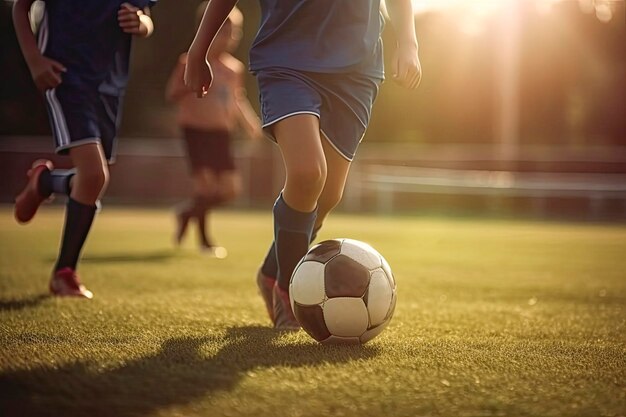 Des enfants jouent au football au coucher du soleil