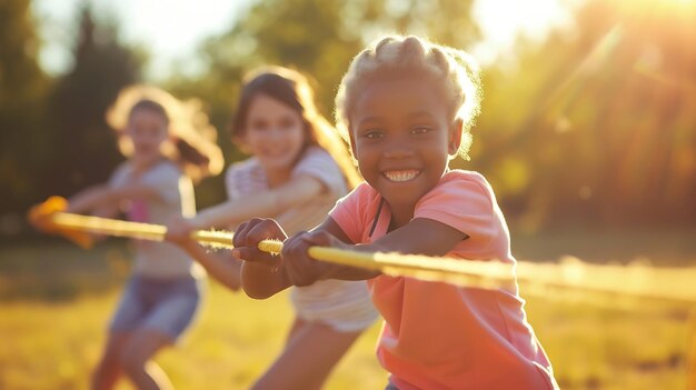 Photo les enfants jouent au tir à la corde dans un parc ensoleillé activité amusante d'été en plein air groupe de race mixte ia générative