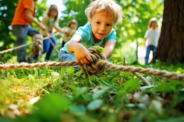 Photo les enfants jouent au tir à la corde dans sunny park.