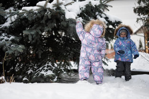 Les enfants jouent dehors dans la neige Deux petites soeurs près de l'arbre de Noël en hiver