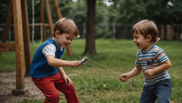 Les enfants jouent deux petits garçons jouent avec une corde et l'un a une corde attachée à lui